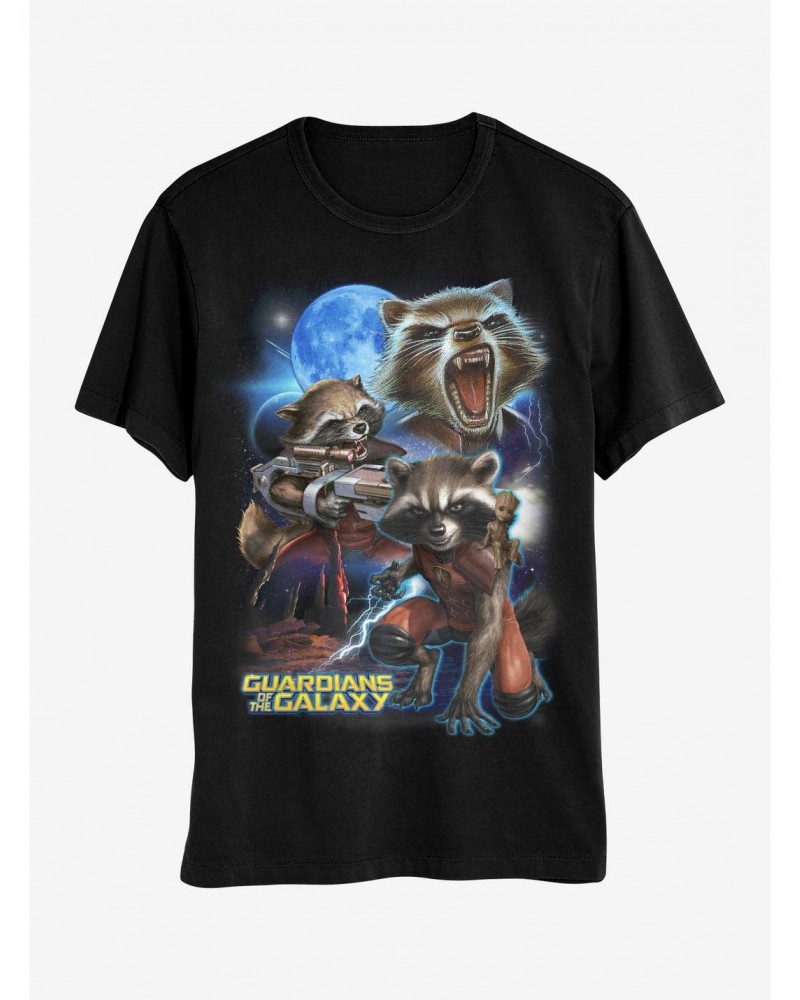 Marvel Guardians Of The Galaxy Rocket Raccoon Collage Boyfriend Fit Girls T-Shirt $8.82 T-Shirts