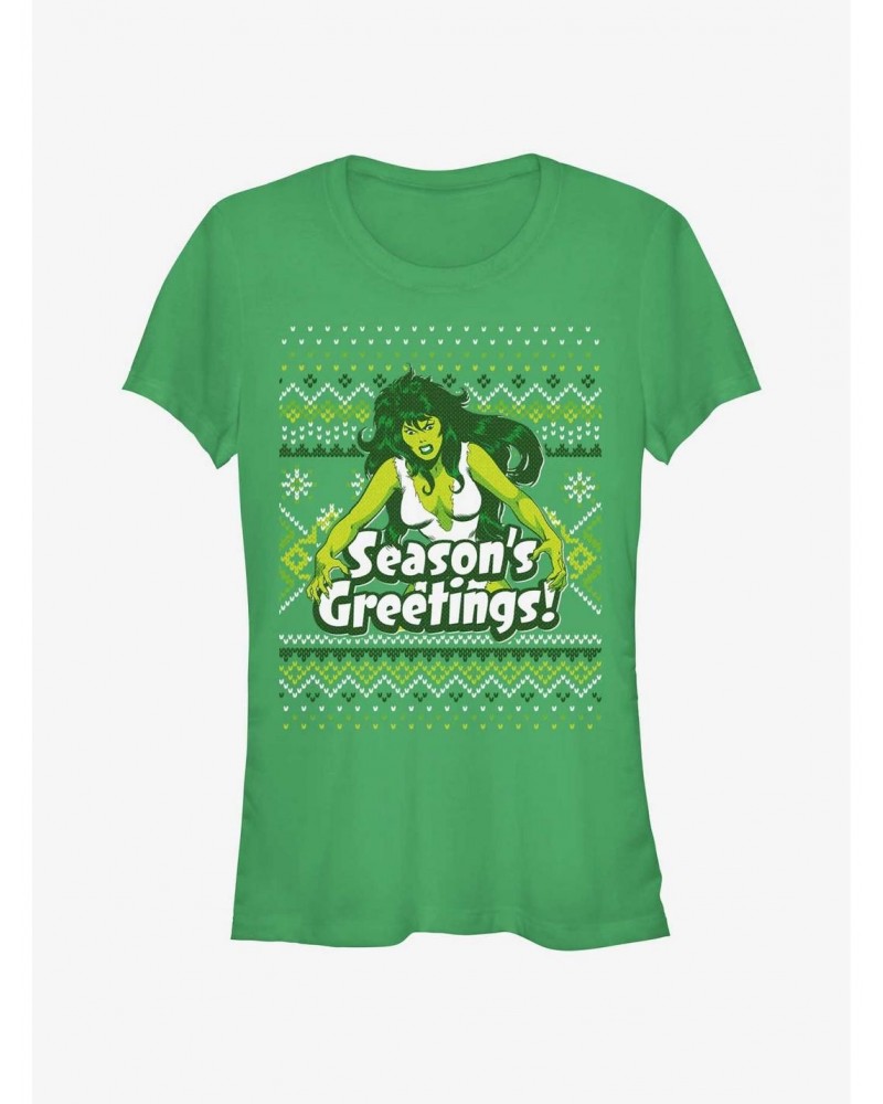 Marvel Hulk She-Hulk Season's Greetings Ugly Christmas Girls T-Shirt $9.96 T-Shirts